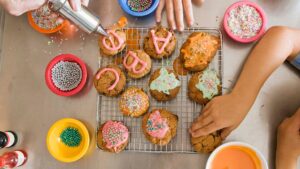 Family decorating cookies